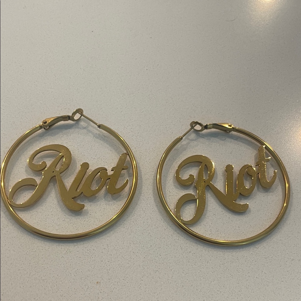 Gold Hoop Earrings with 'Riot' Design